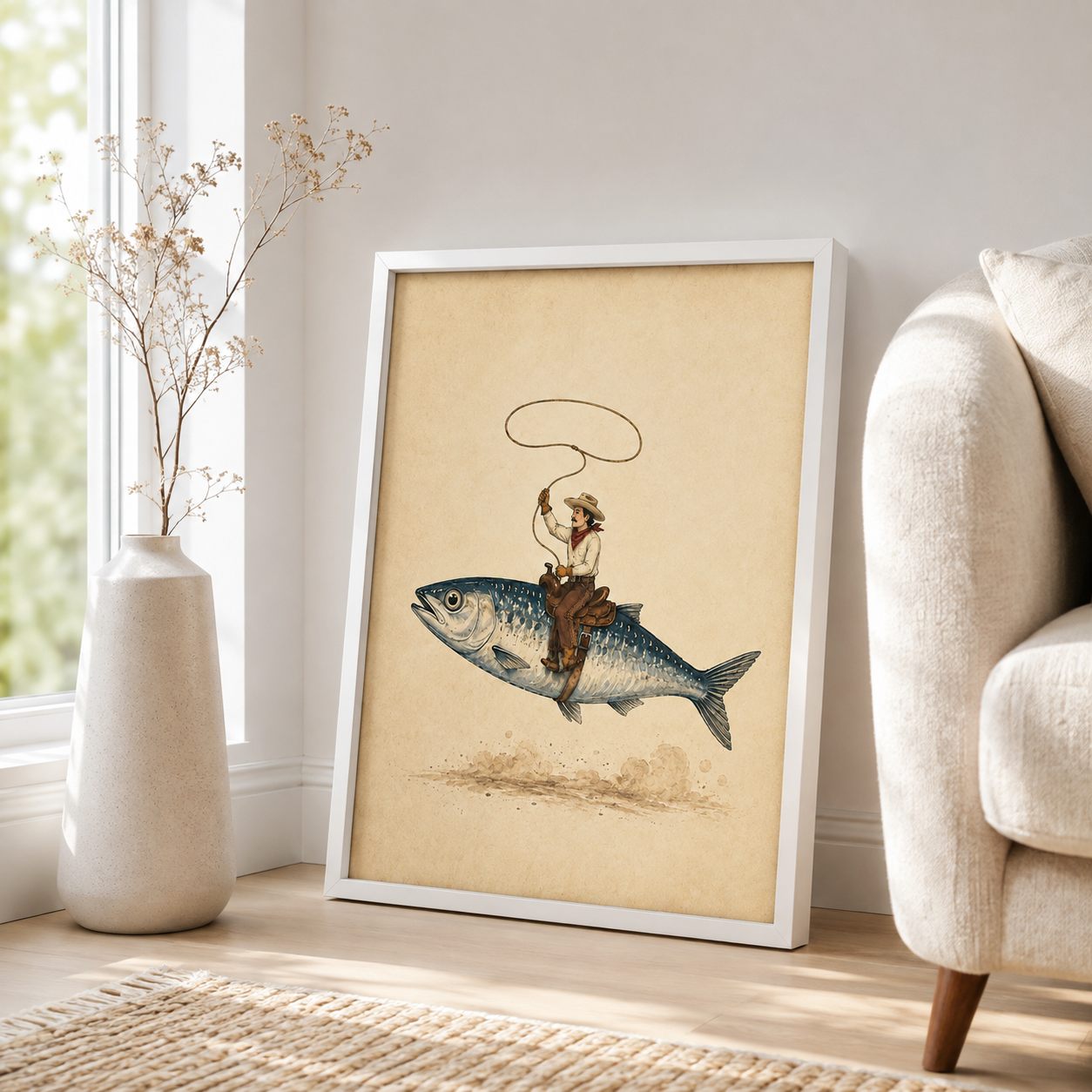 Flying Fish Cowboy Canvas Wall Art Aura Canvas