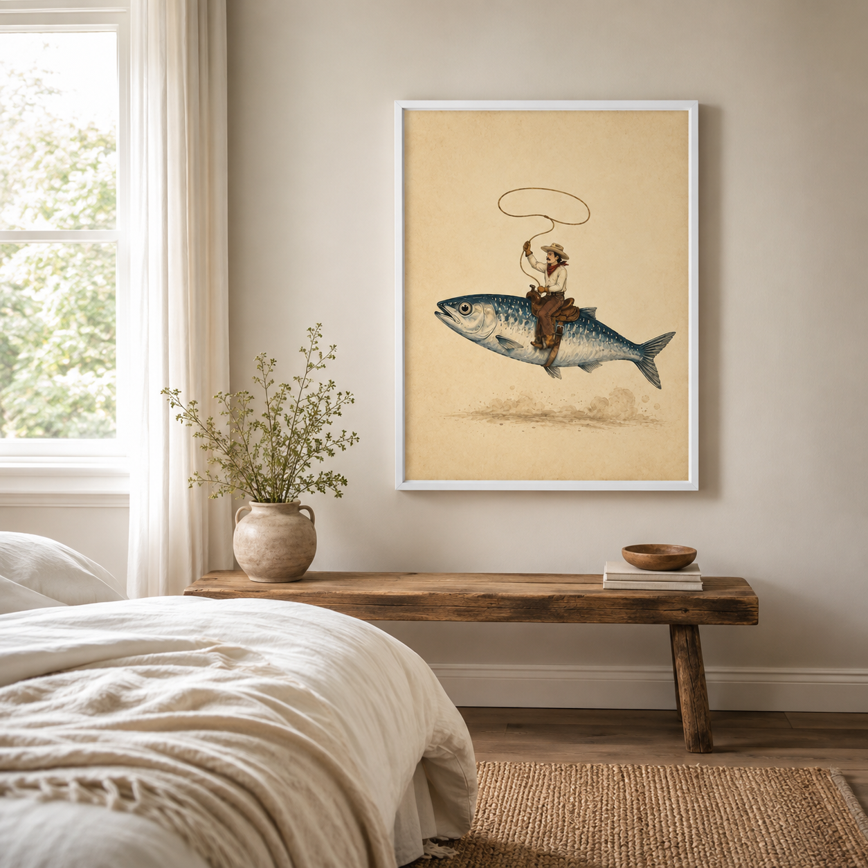 Flying Fish Cowboy Canvas Wall Art Aura Canvas