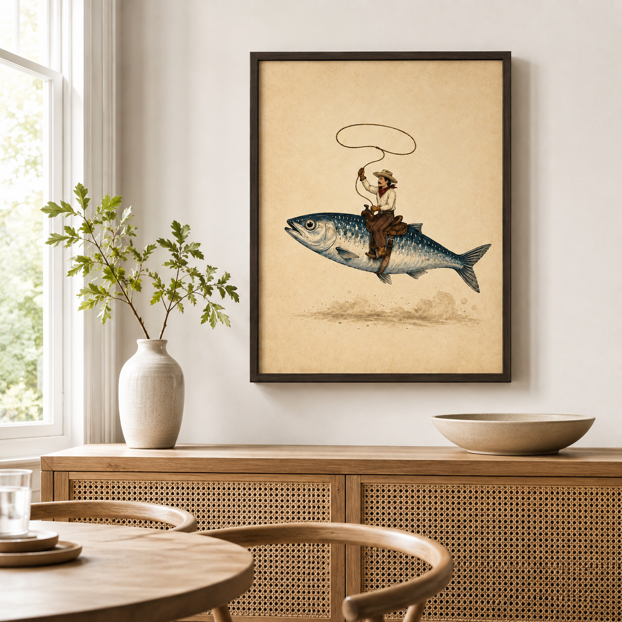 Flying Fish Cowboy Canvas Wall Art Aura Canvas