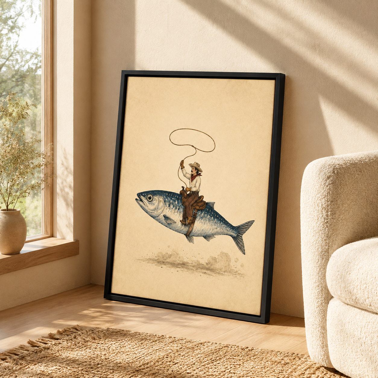 Flying Fish Cowboy Canvas Wall Art Aura Canvas