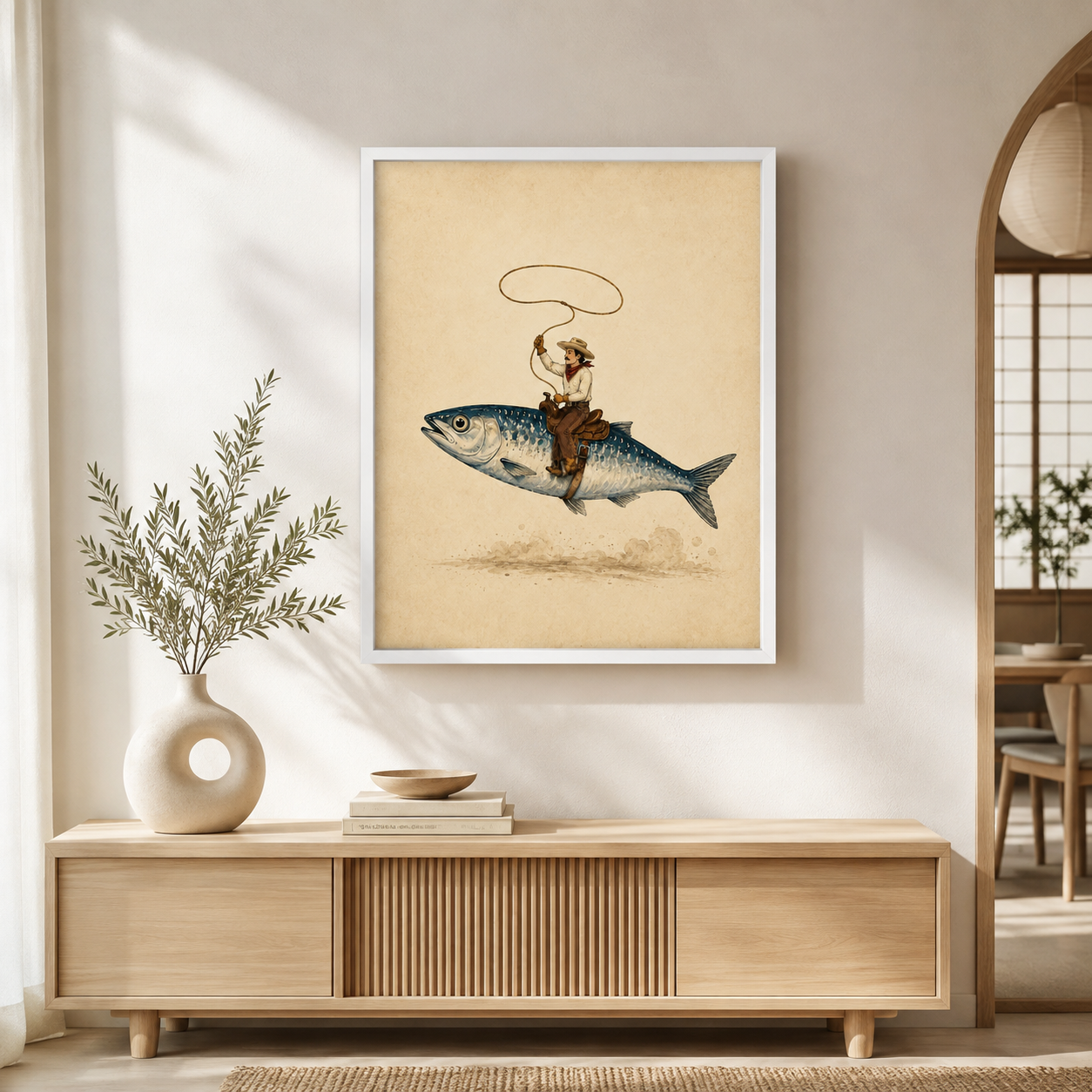Flying Fish Cowboy Canvas Wall Art Aura Canvas