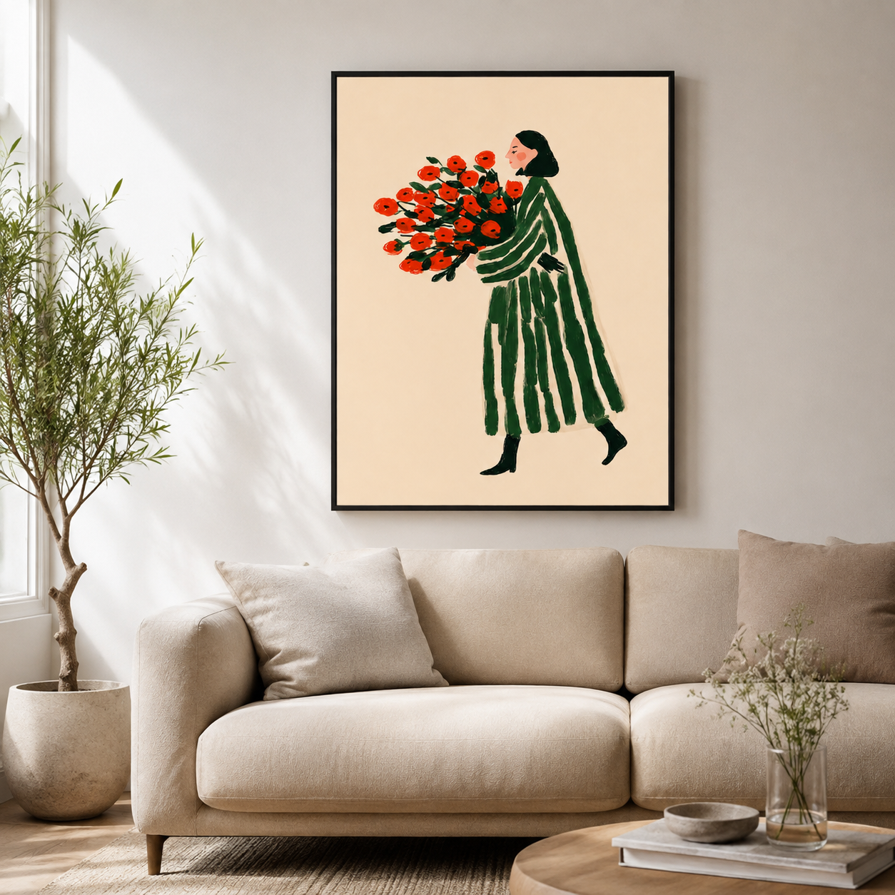 Woman With Red Flowers Canvas Wall Art Aura Canvas