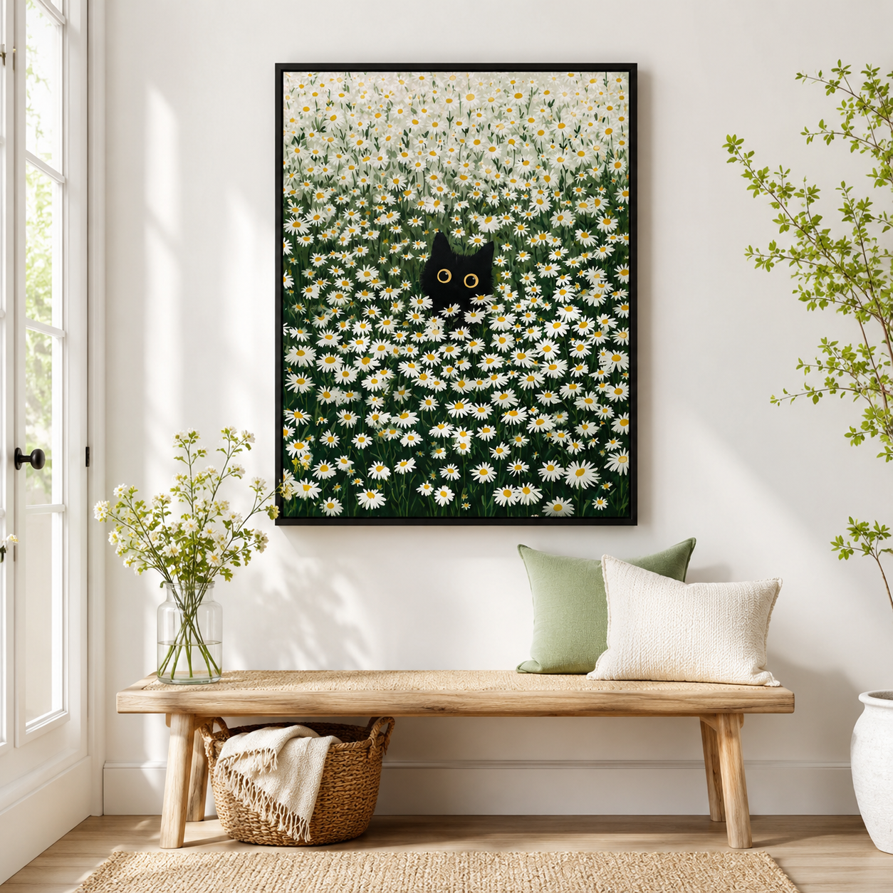 Black Cat Daisy Field Canvas Wall Art Aura Canvas