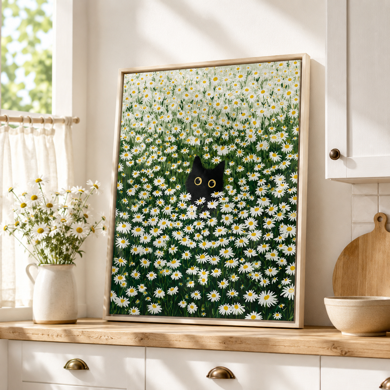 Black Cat Daisy Field Canvas Wall Art Aura Canvas