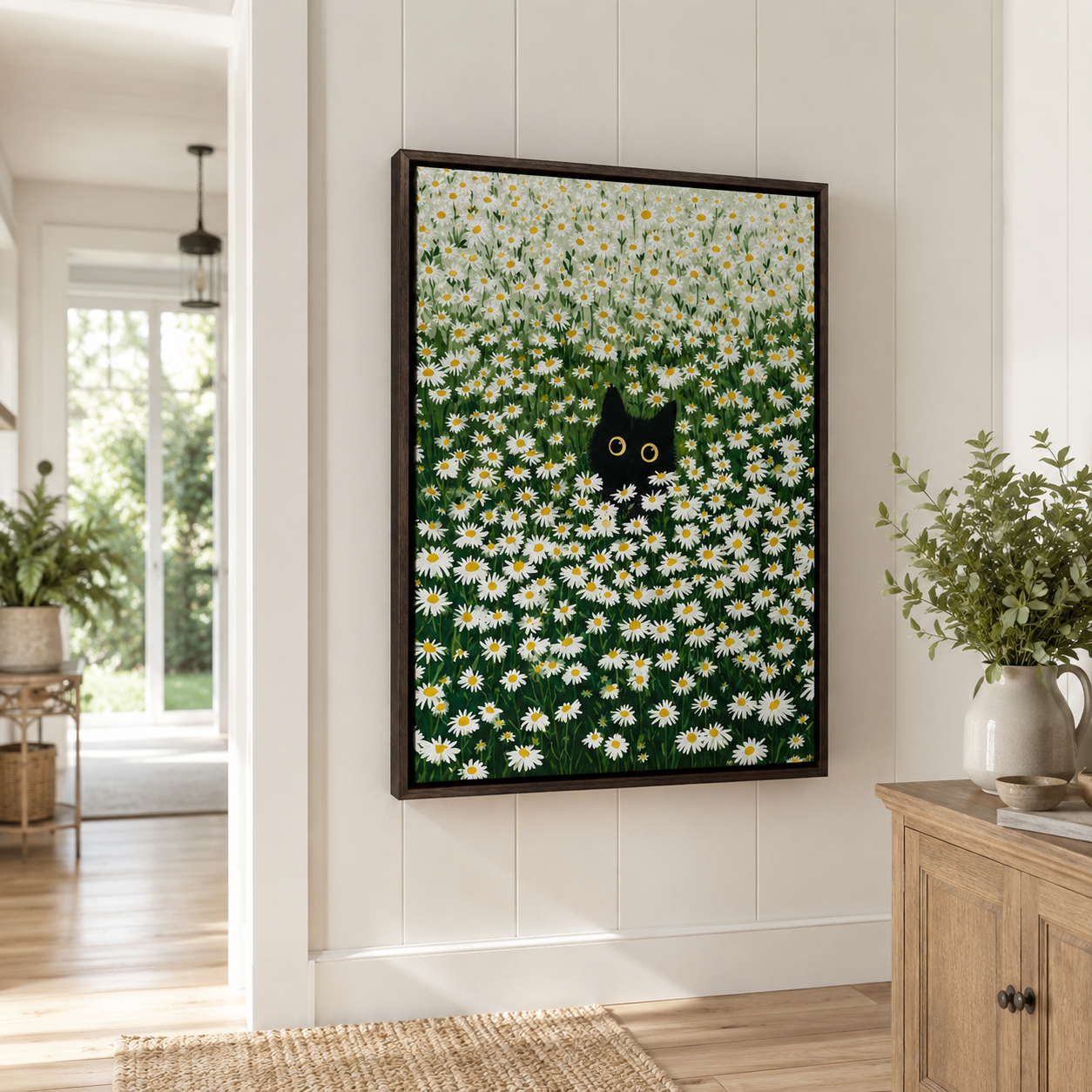 Black Cat Daisy Field Canvas Wall Art Aura Canvas