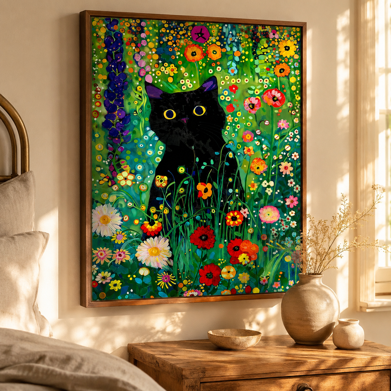 Black Cat Floral Garden Canvas Wall Art Aura Canvas