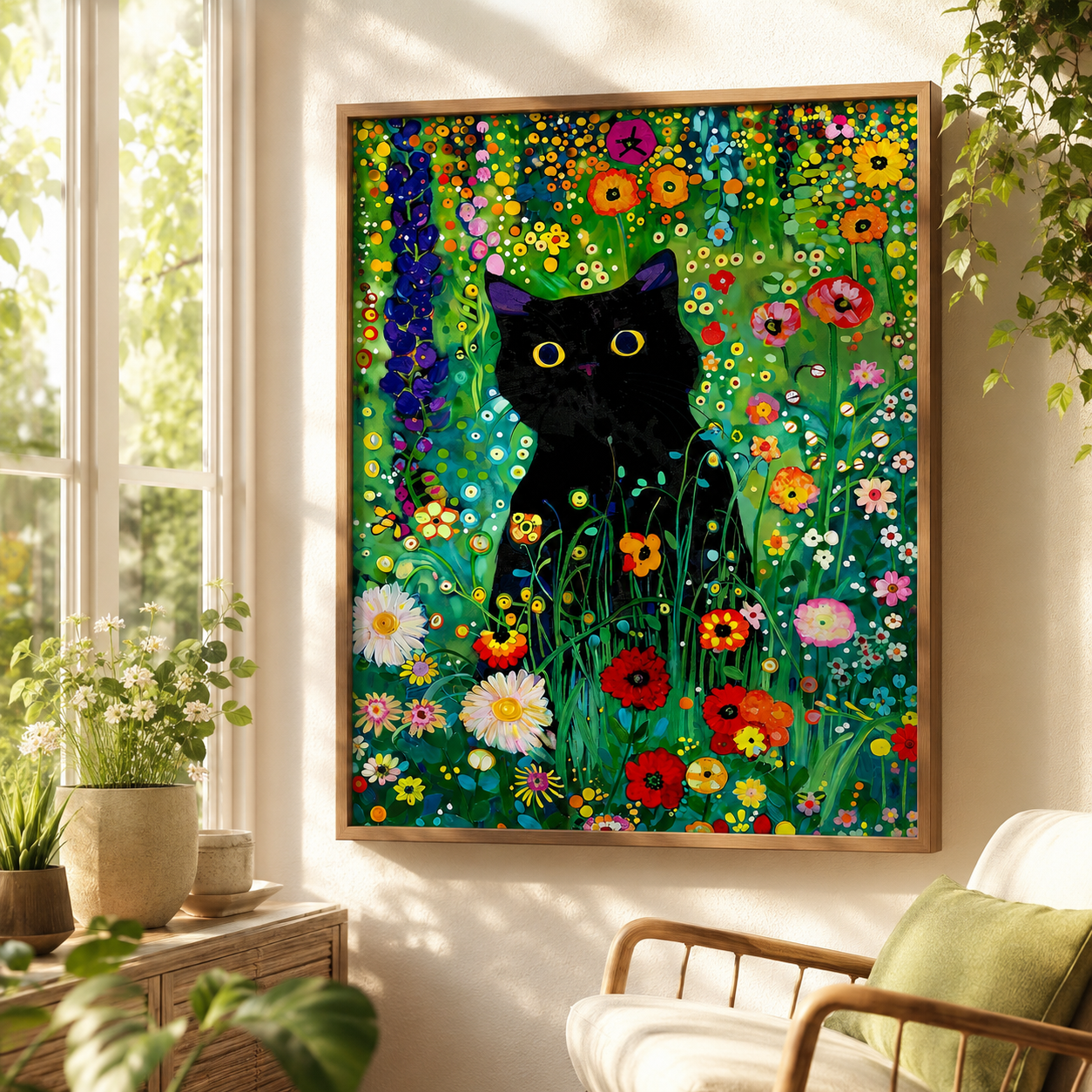 Black Cat Floral Garden Canvas Wall Art Aura Canvas