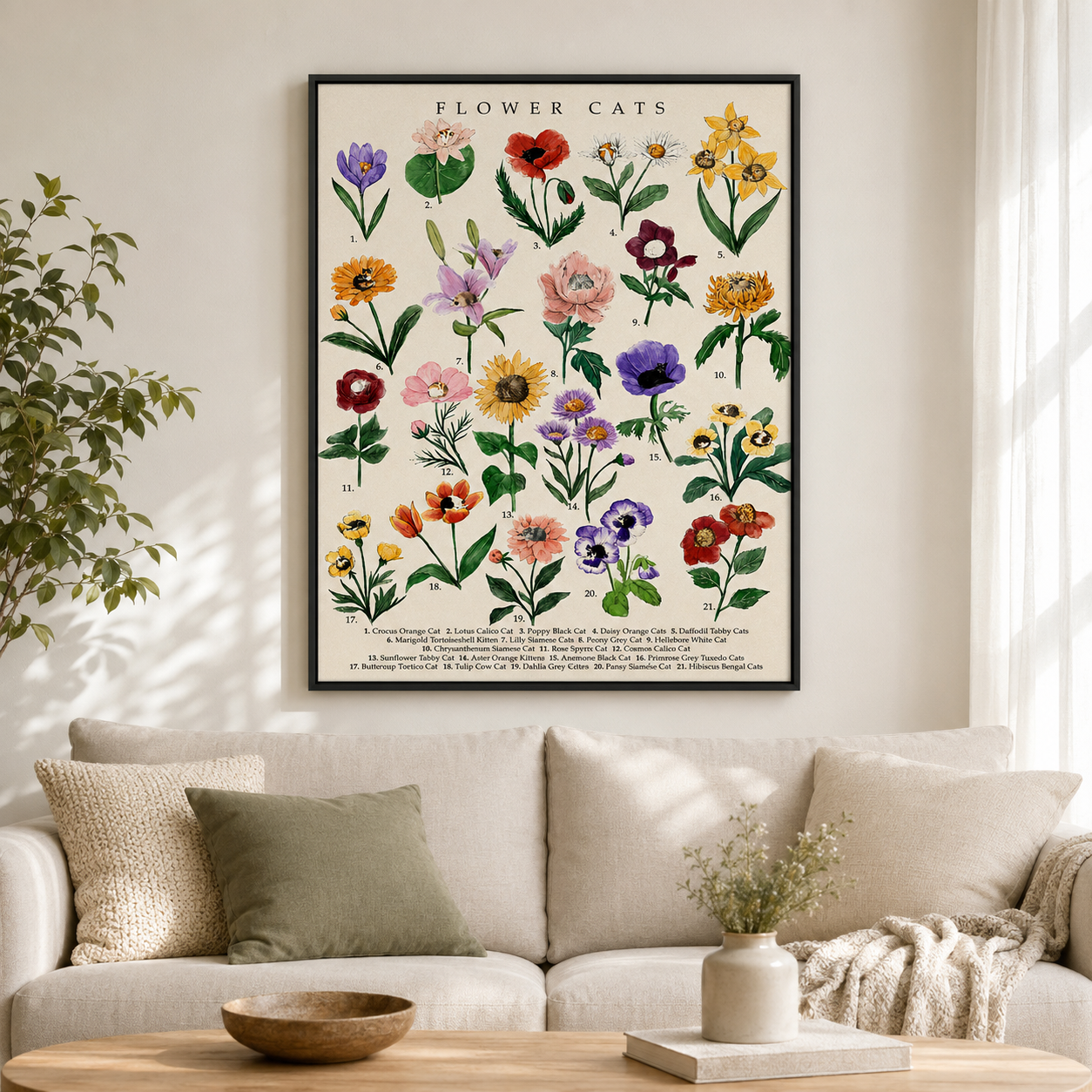 Botanical Flower Cats Canvas Wall Art Aura Canvas