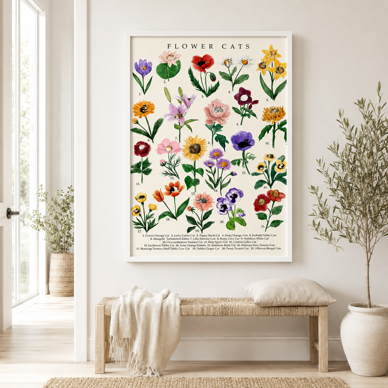 Botanical Flower Cats Canvas Wall Art Aura Canvas