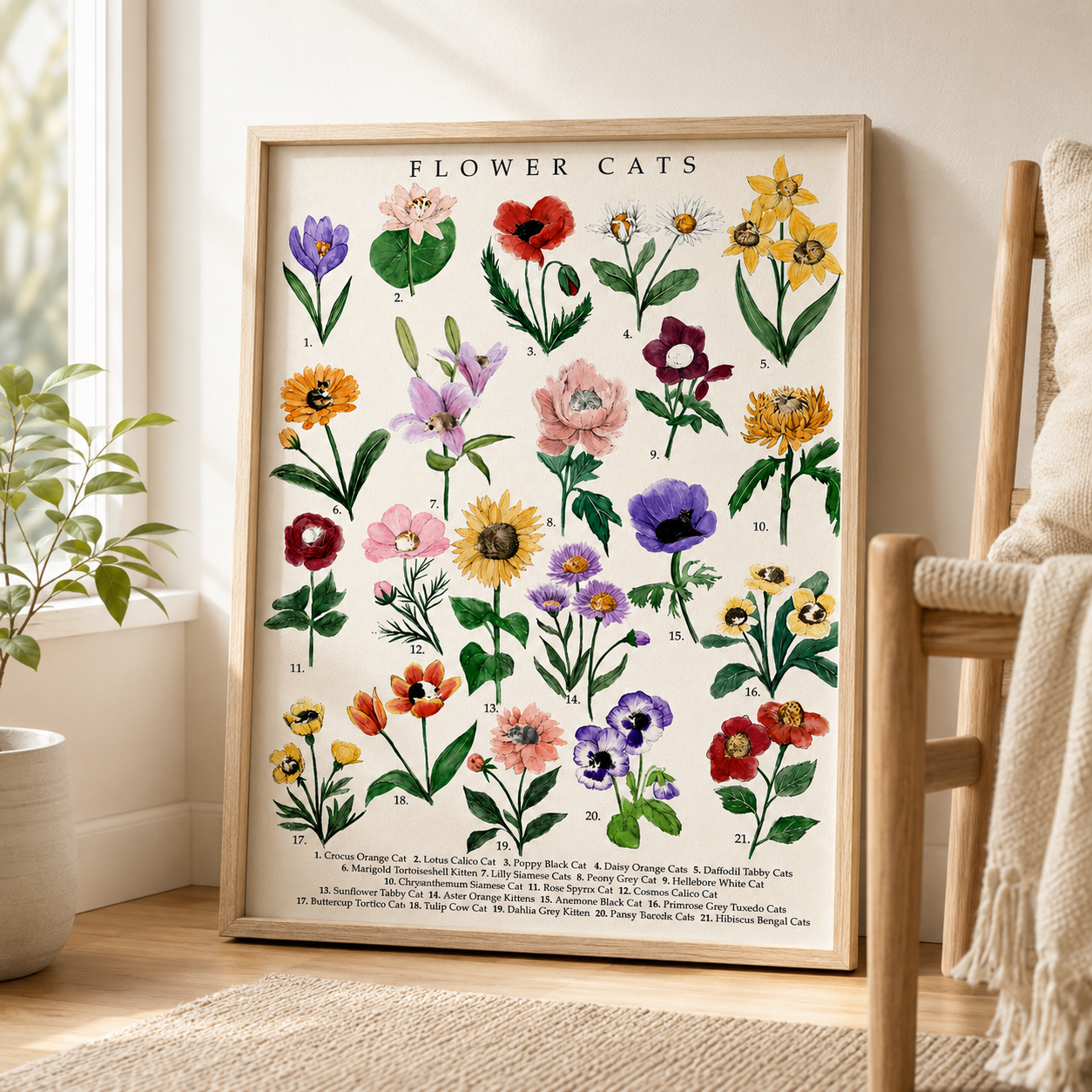 Botanical Flower Cats Canvas Wall Art Aura Canvas