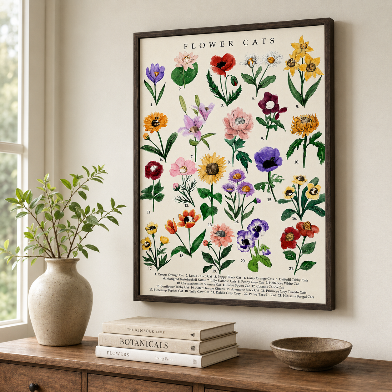 Botanical Flower Cats Canvas Wall Art Aura Canvas