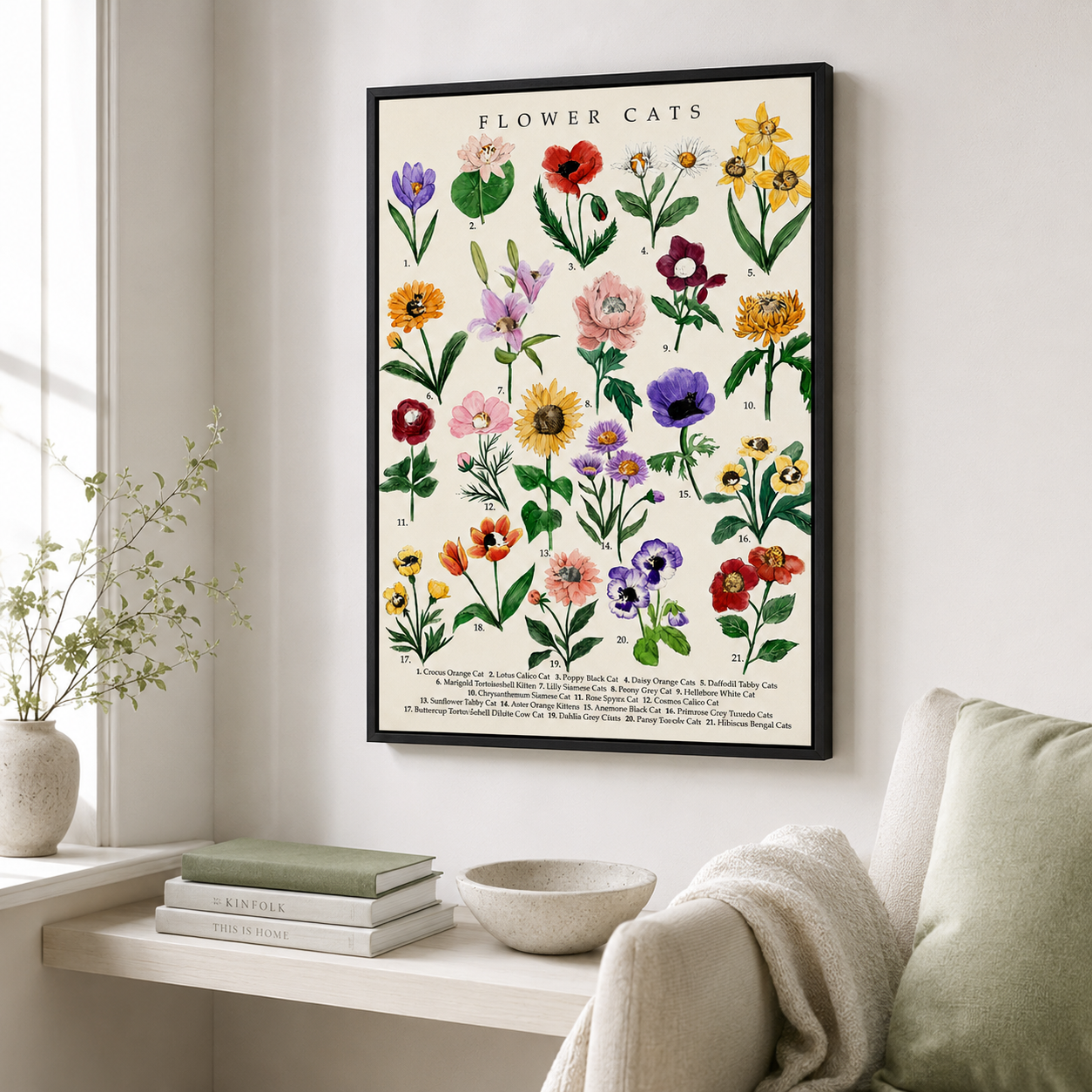 Botanical Flower Cats Canvas Wall Art Aura Canvas