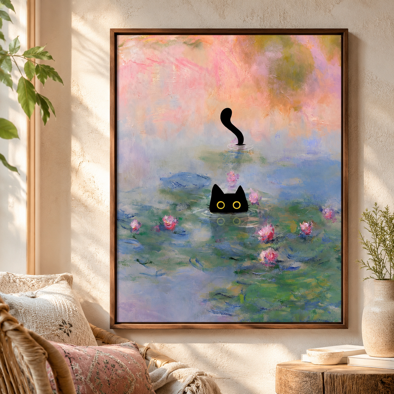 Black Cat Water Lily Canvas Wall Art Aura Canvas