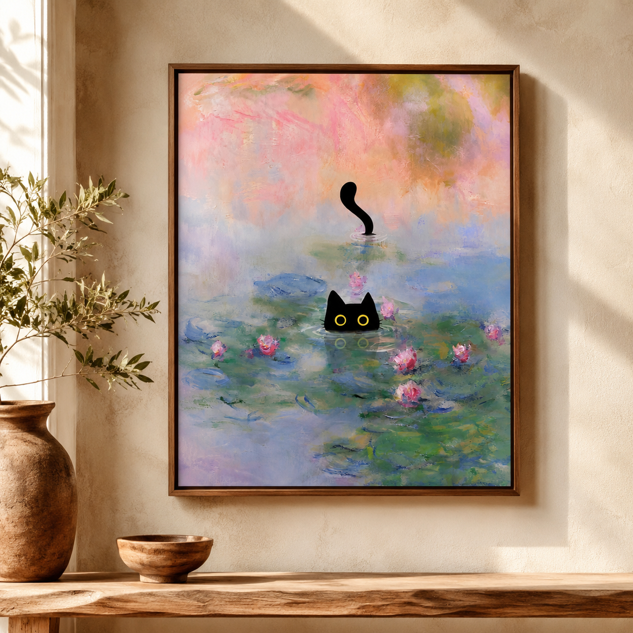 Black Cat Water Lily Canvas Wall Art Aura Canvas