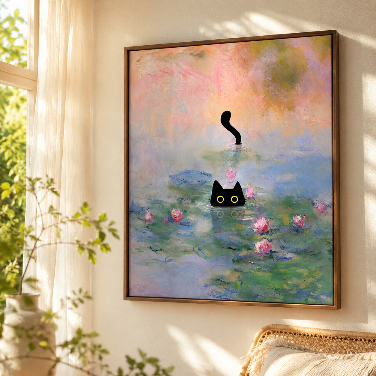 Black Cat Water Lily Canvas Wall Art Aura Canvas