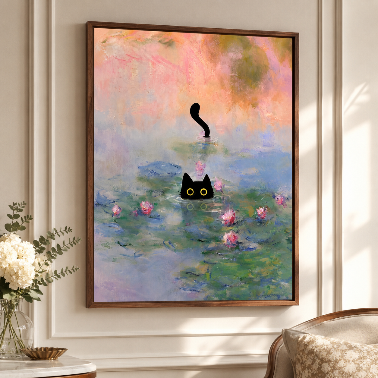 Black Cat Water Lily Canvas Wall Art Aura Canvas