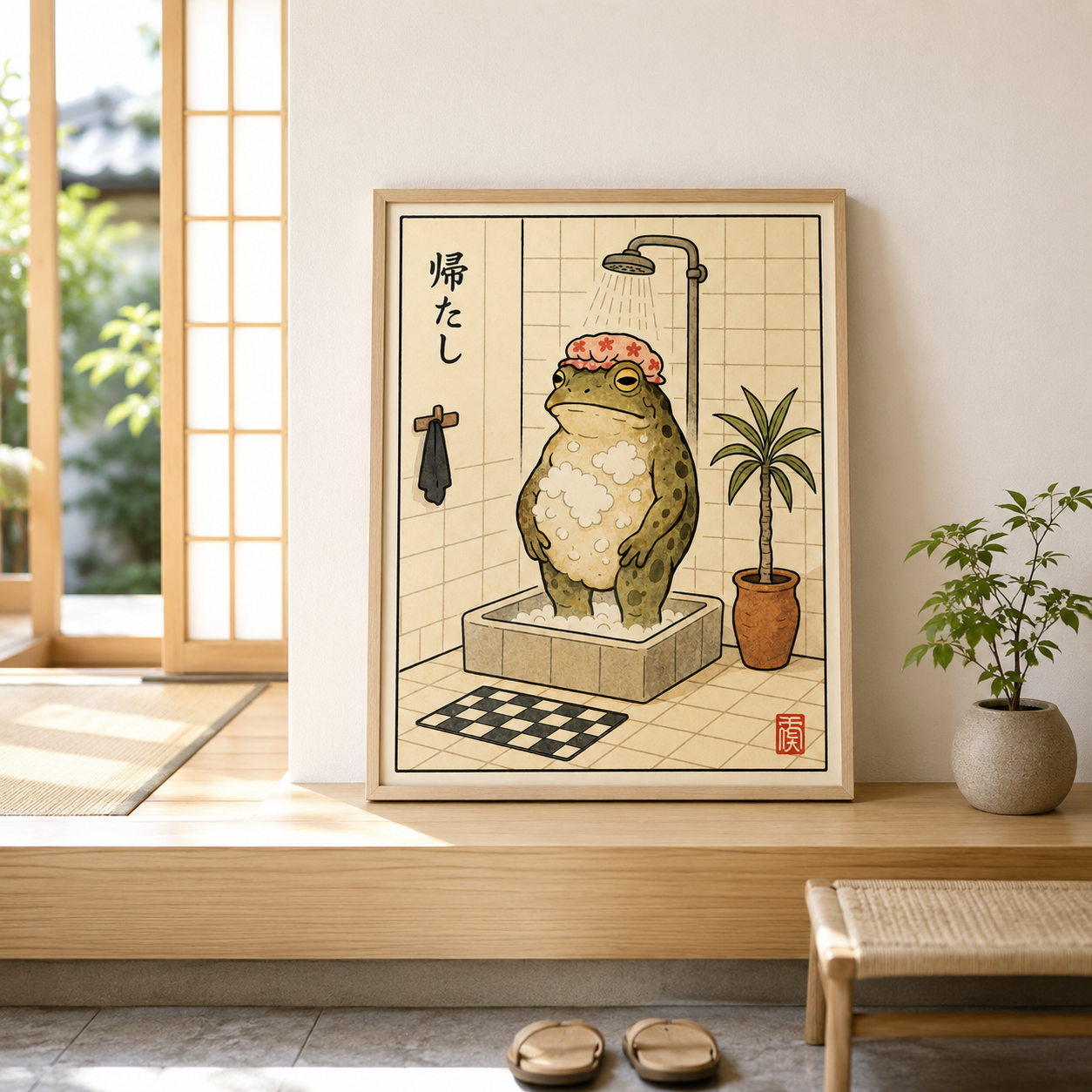 Funny Frog Shower Canvas Wall Art Aura Canvas