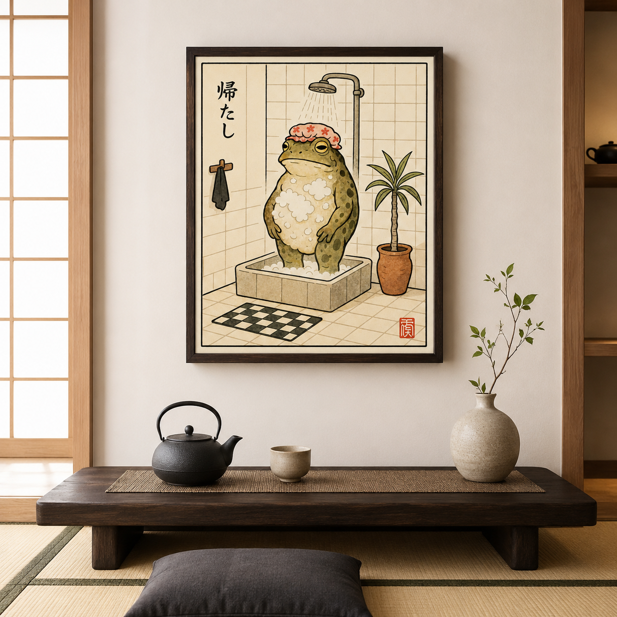 Funny Frog Shower Canvas Wall Art Aura Canvas