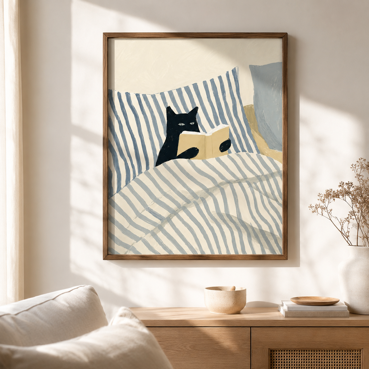 Black Cat Reading in Bed Canvas Wall Art Aura Canvas