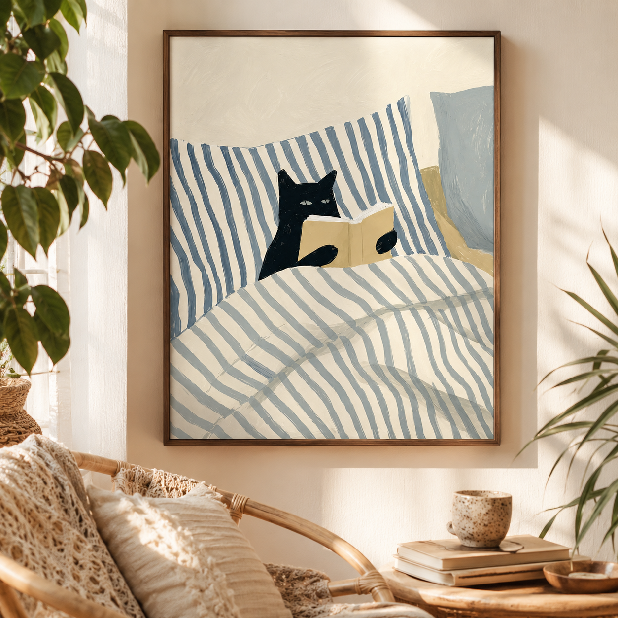 Black Cat Reading in Bed Canvas Wall Art Aura Canvas