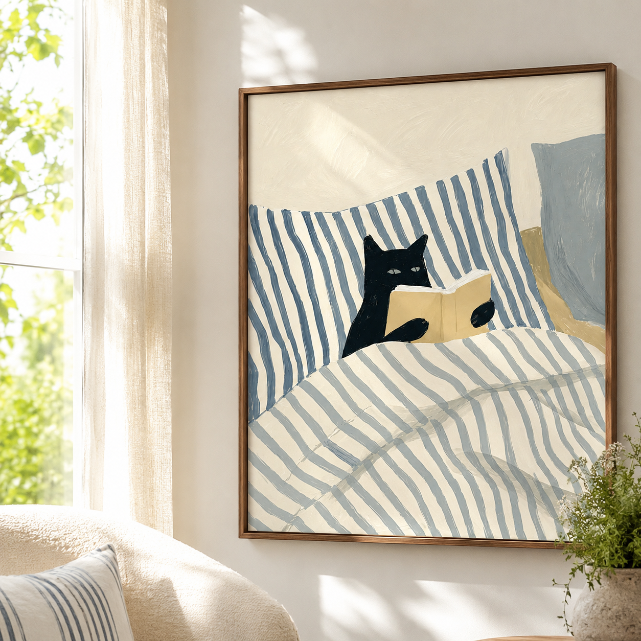 Black Cat Reading in Bed Canvas Wall Art Aura Canvas