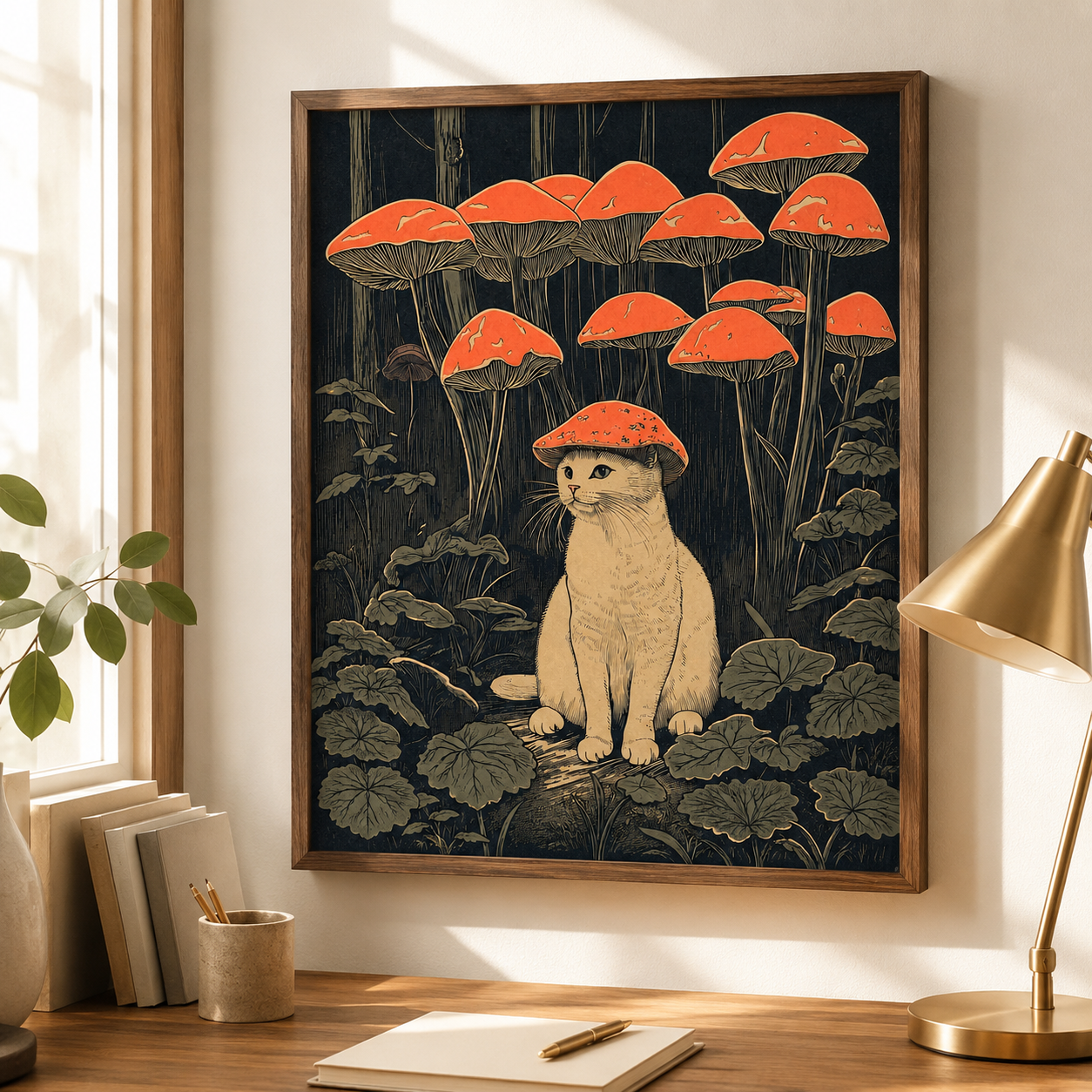 White Cat Mushroom Forest Canvas Wall Art Aura Canvas