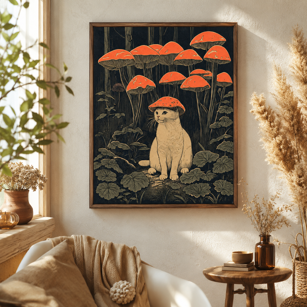 White Cat Mushroom Forest Canvas Wall Art Aura Canvas