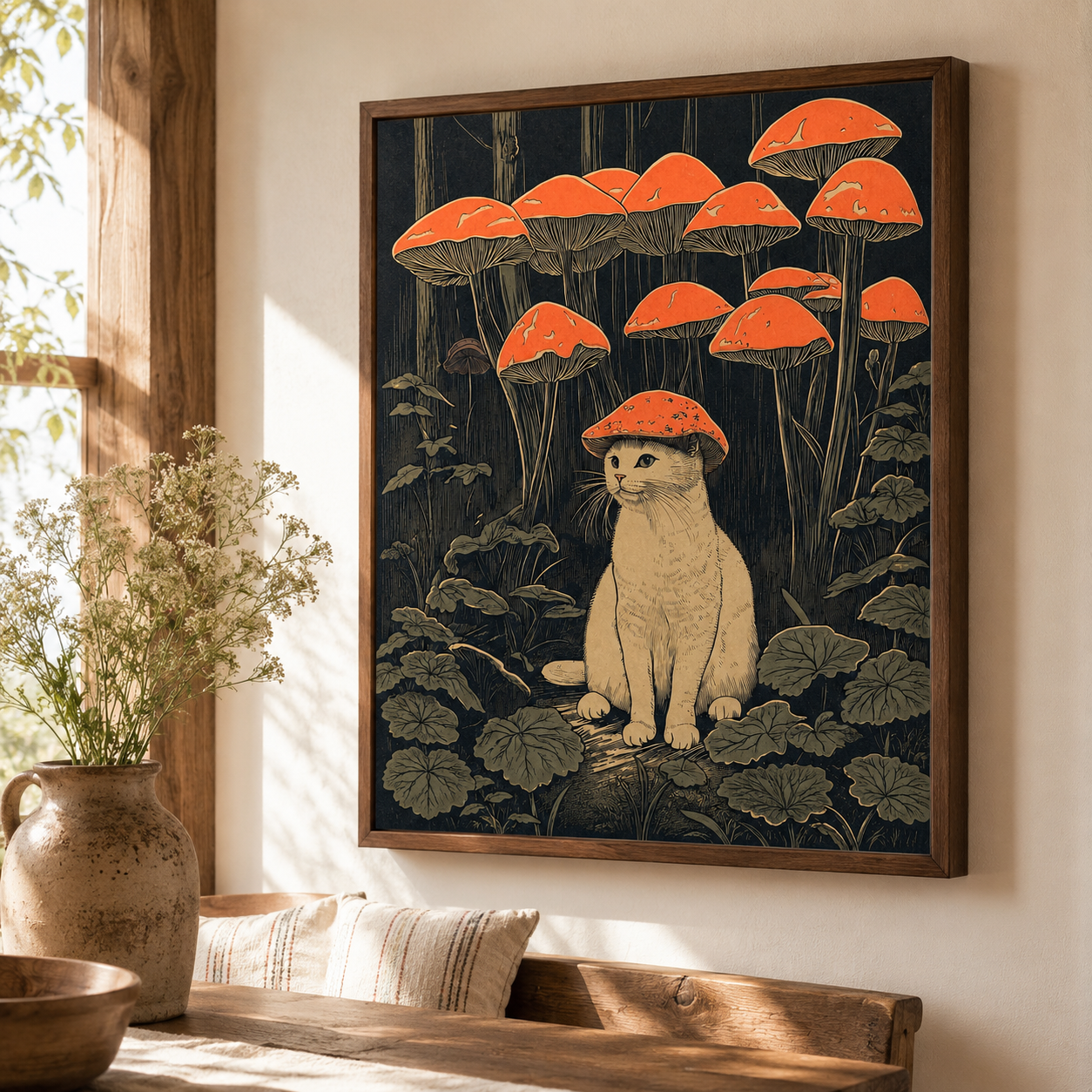 White Cat Mushroom Forest Canvas Wall Art Aura Canvas