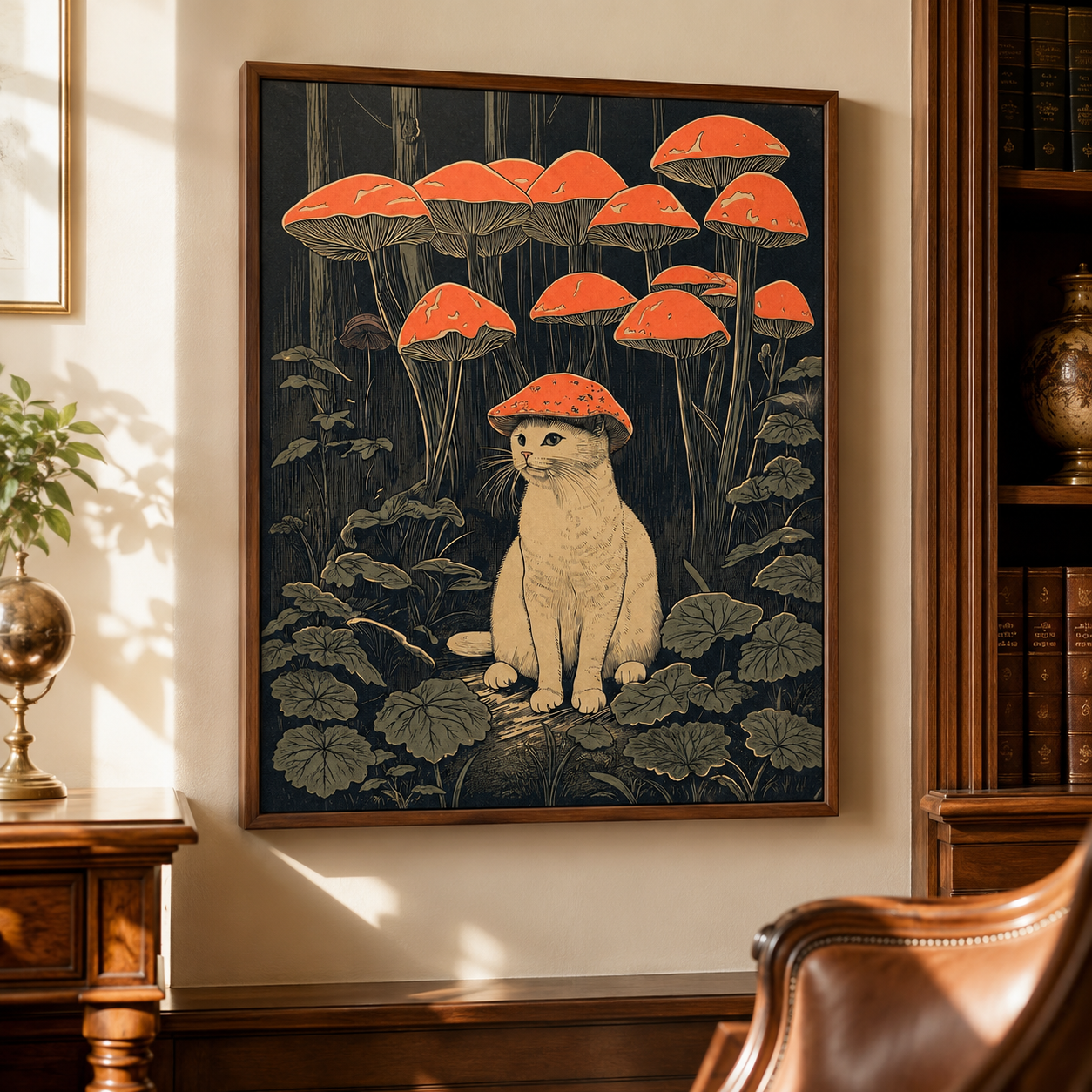White Cat Mushroom Forest Canvas Wall Art Aura Canvas