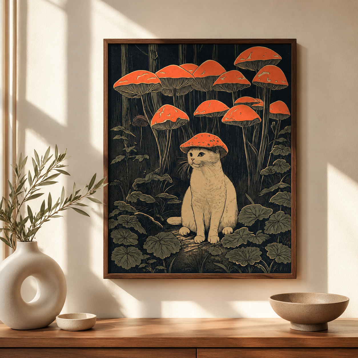 White Cat Mushroom Forest Canvas Wall Art Aura Canvas