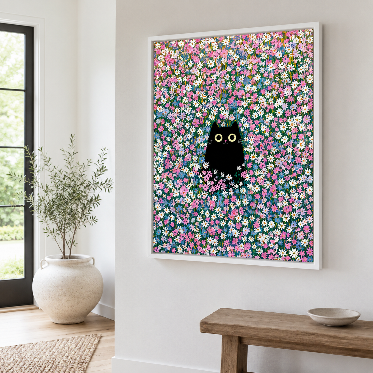Black Cat Flower Field Canvas Wall Art Aura Canvas