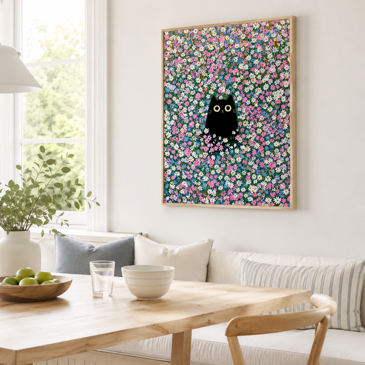 Black Cat Flower Field Canvas Wall Art Aura Canvas