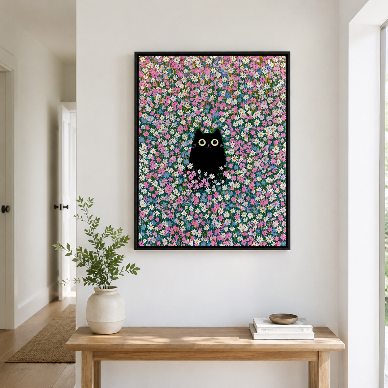 Black Cat Flower Field Canvas Wall Art Aura Canvas