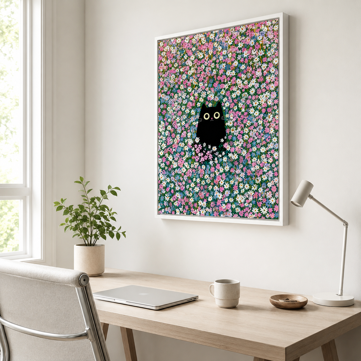 Black Cat Flower Field Canvas Wall Art Aura Canvas