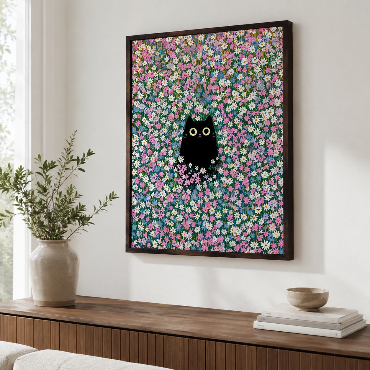 Black Cat Flower Field Canvas Wall Art Aura Canvas