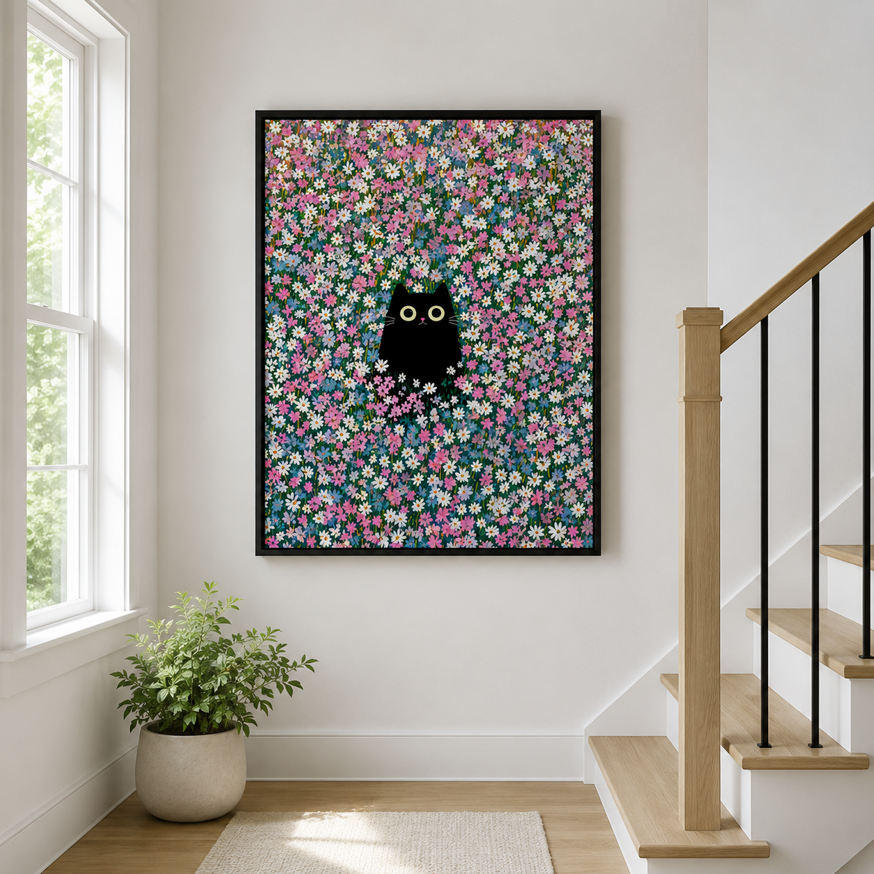 Black Cat Flower Field Canvas Wall Art Aura Canvas