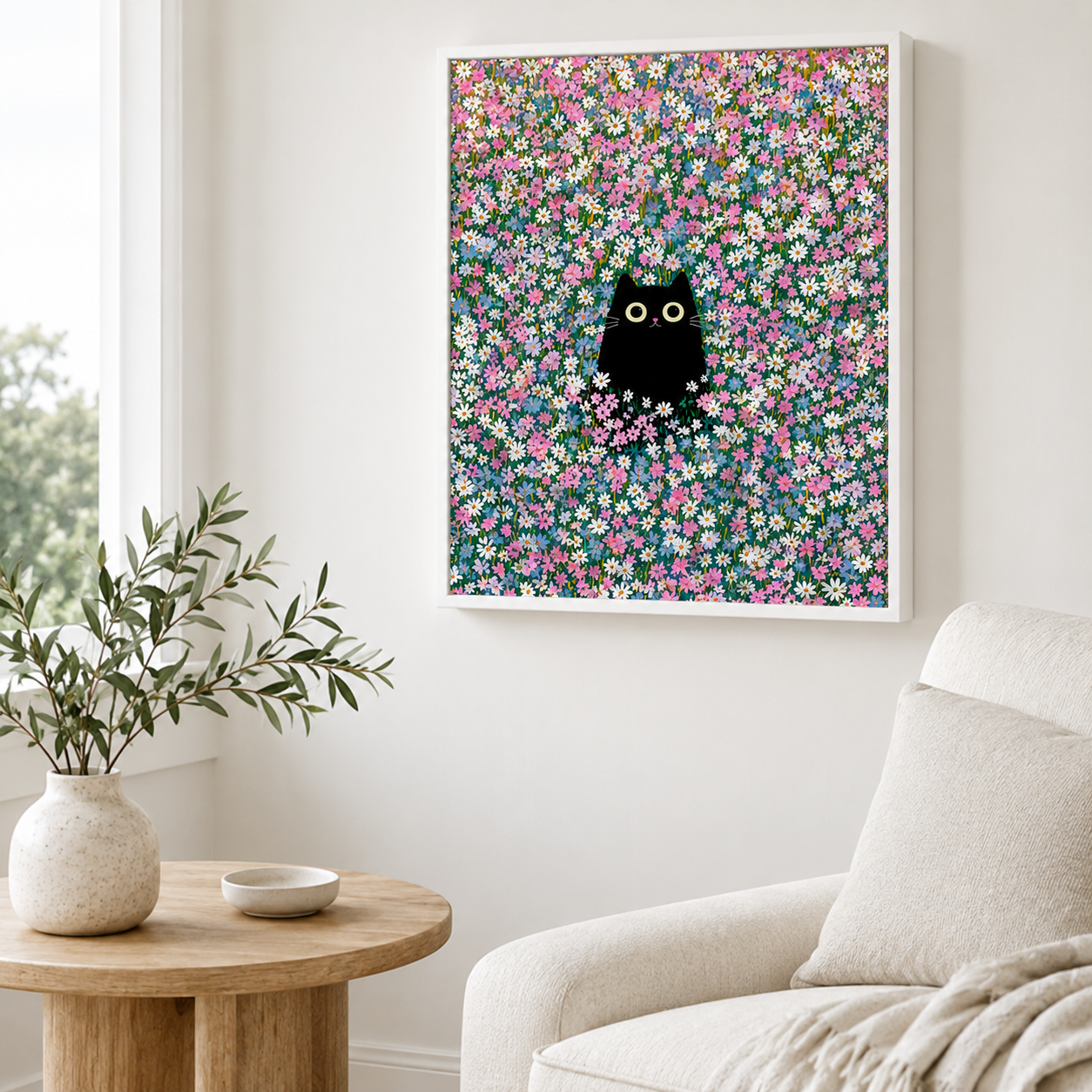 Black Cat Flower Field Canvas Wall Art Aura Canvas