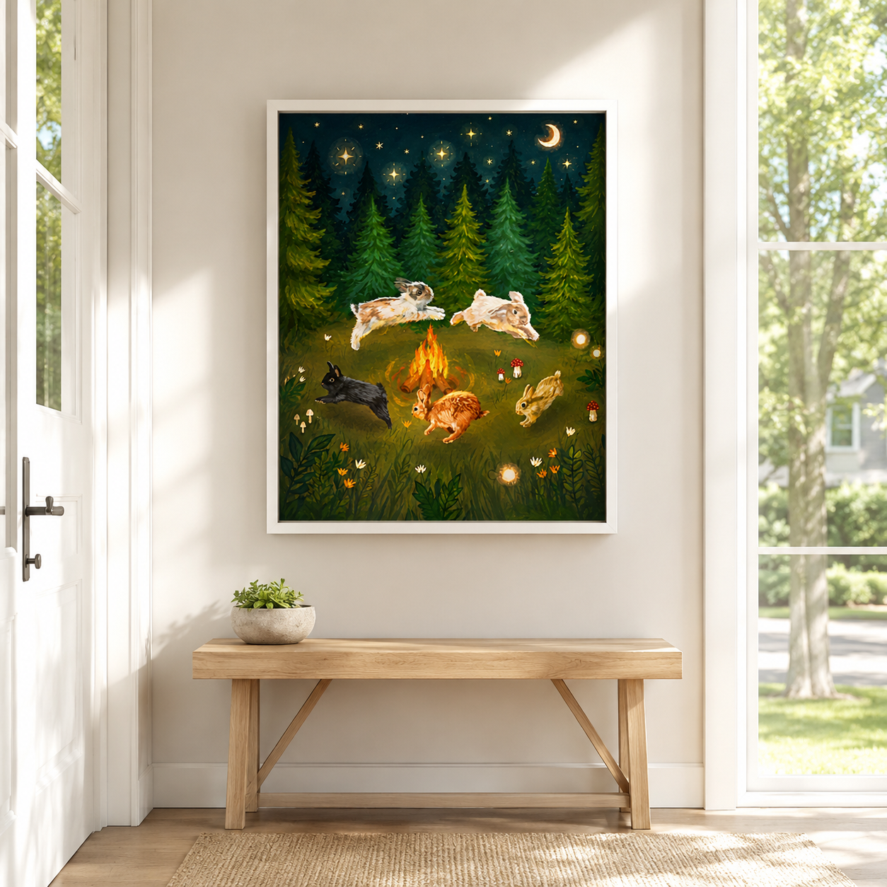 Whimsical Rabbit Campfire Canvas Wall Art Aura Canvas