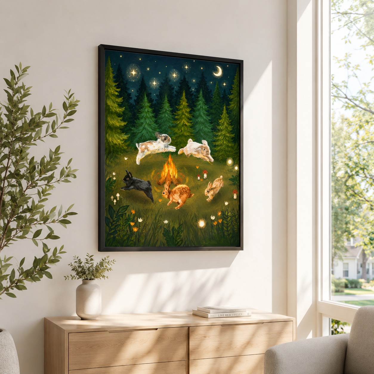 Whimsical Rabbit Campfire Canvas Wall Art Aura Canvas