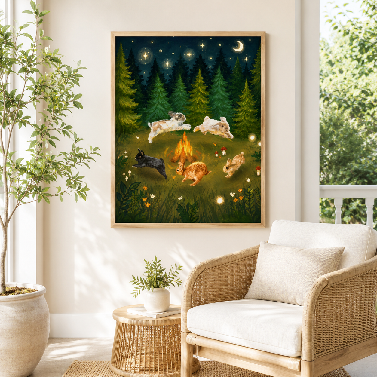 Whimsical Rabbit Campfire Canvas Wall Art Aura Canvas