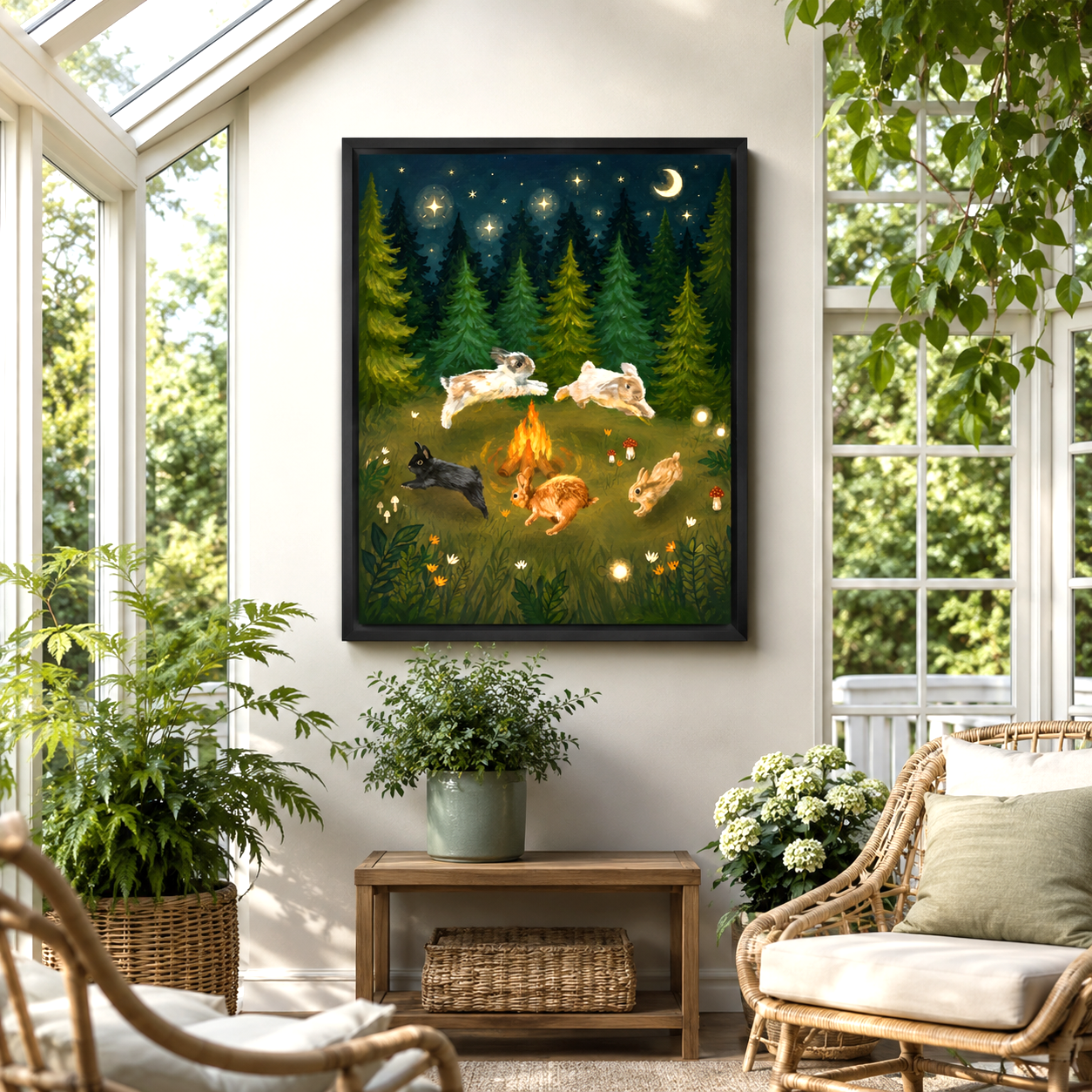 Whimsical Rabbit Campfire Canvas Wall Art Aura Canvas