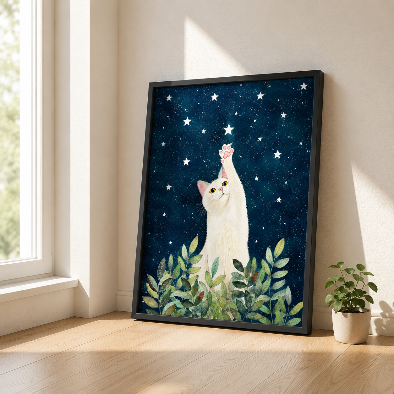 White Cat Starry Night Canvas Wall Art Aura Canvas