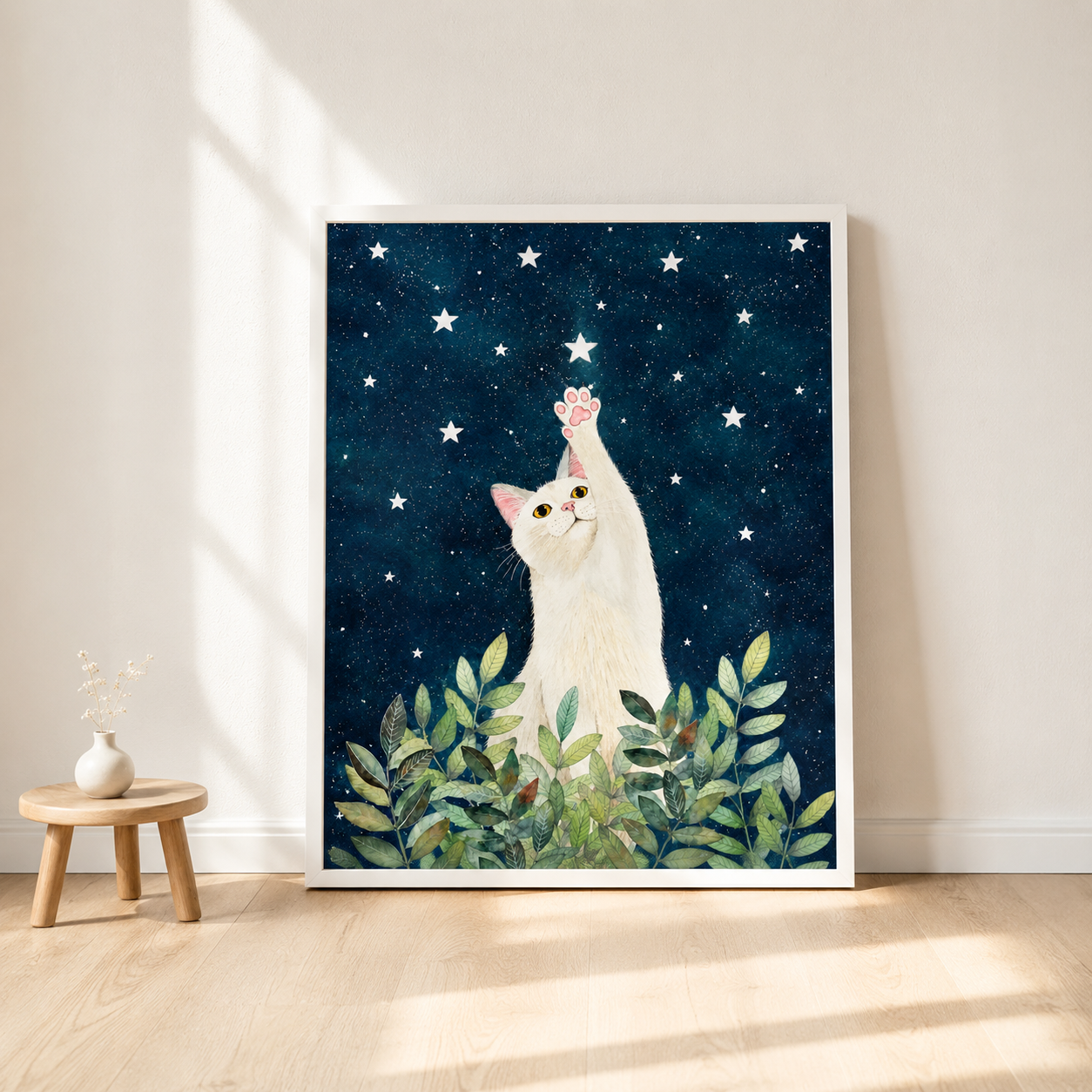 White Cat Starry Night Canvas Wall Art Aura Canvas