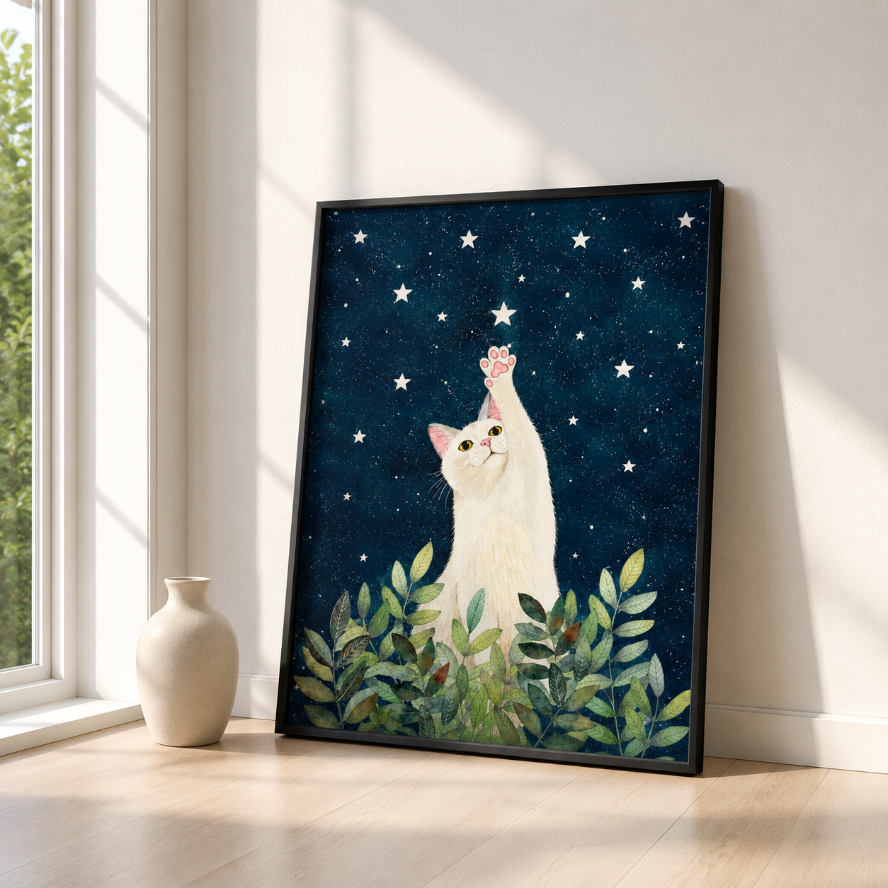 White Cat Starry Night Canvas Wall Art Aura Canvas