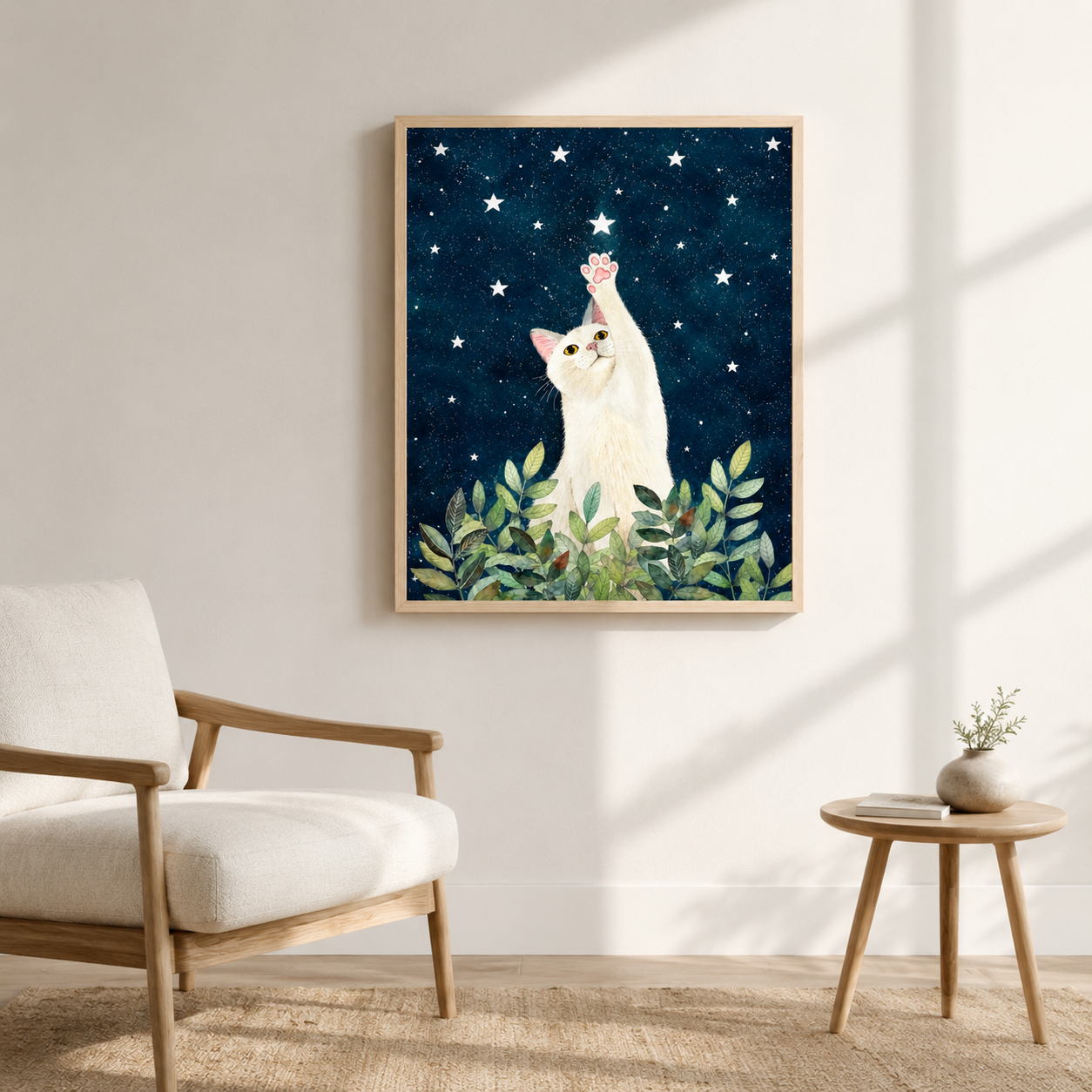 White Cat Starry Night Canvas Wall Art Aura Canvas