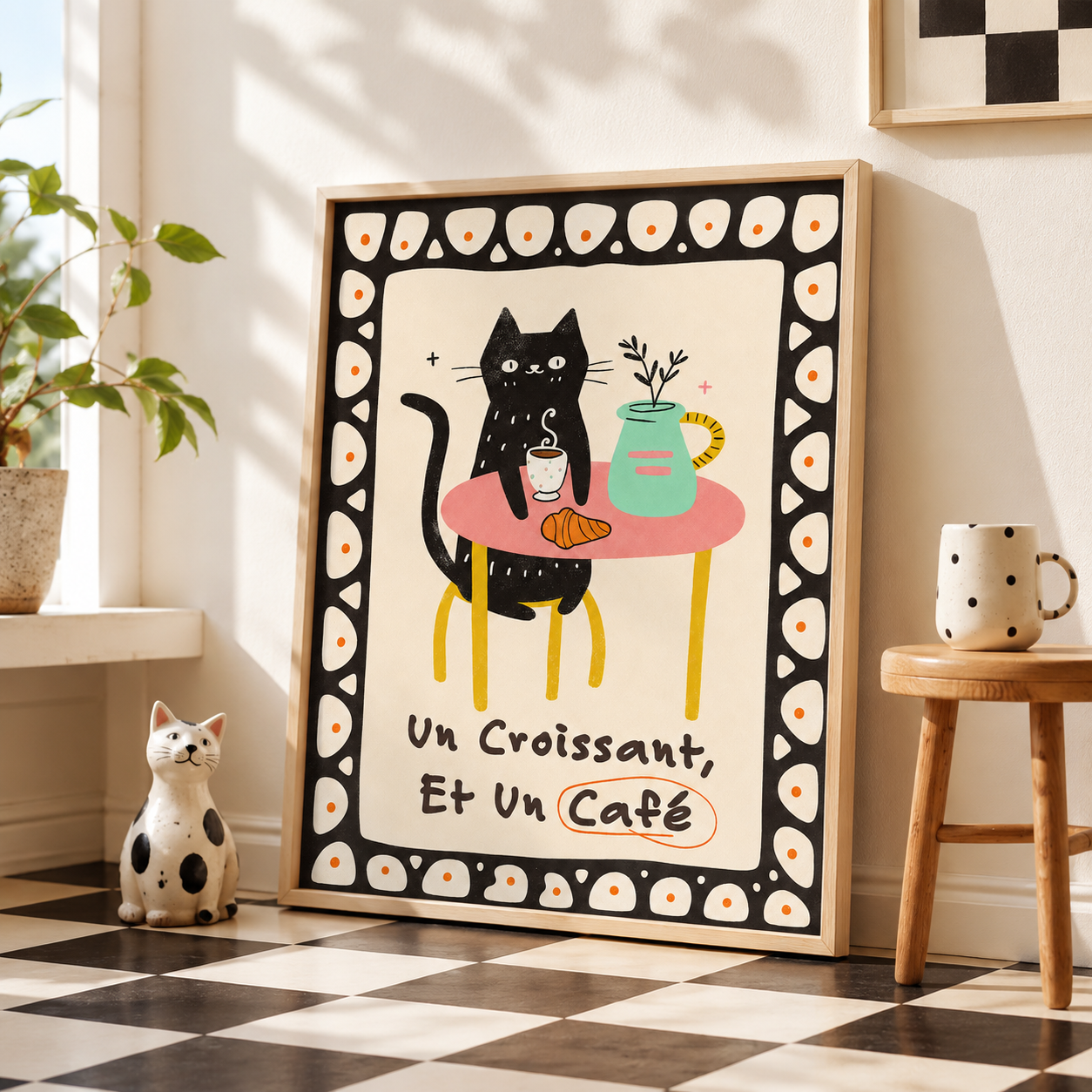 Black Cat Croissant Café Canvas Wall Art Aura Canvas