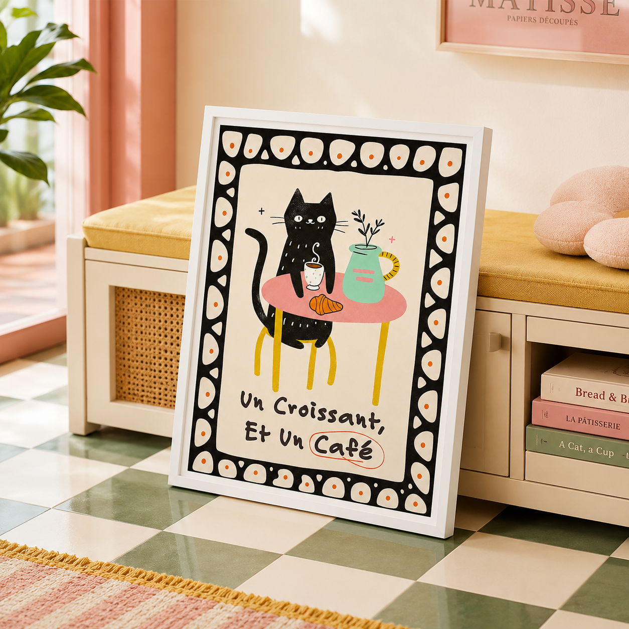 Black Cat Croissant Café Canvas Wall Art Aura Canvas