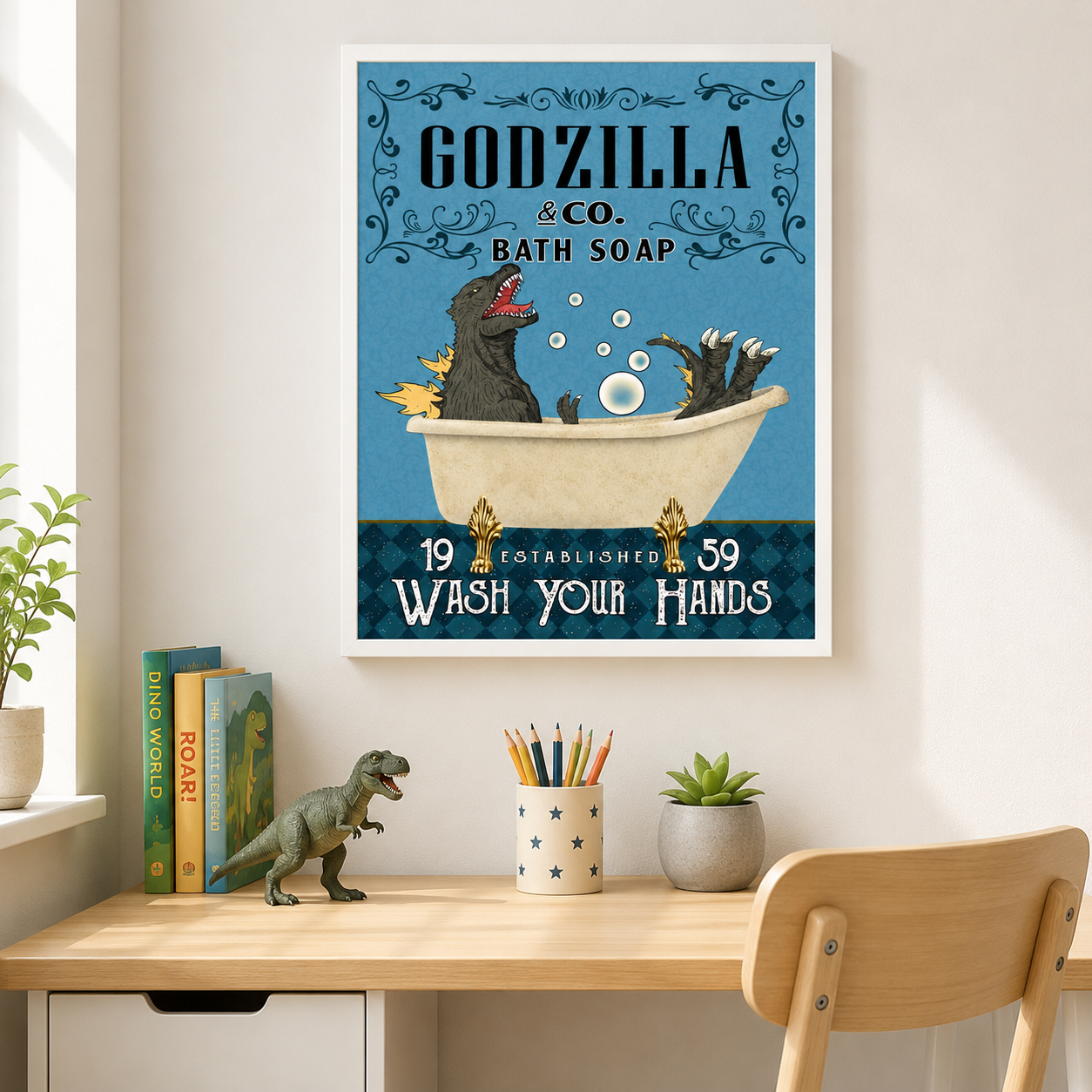 Funny Kaiju Bath Soap Canvas Wall Art Aura Canvas