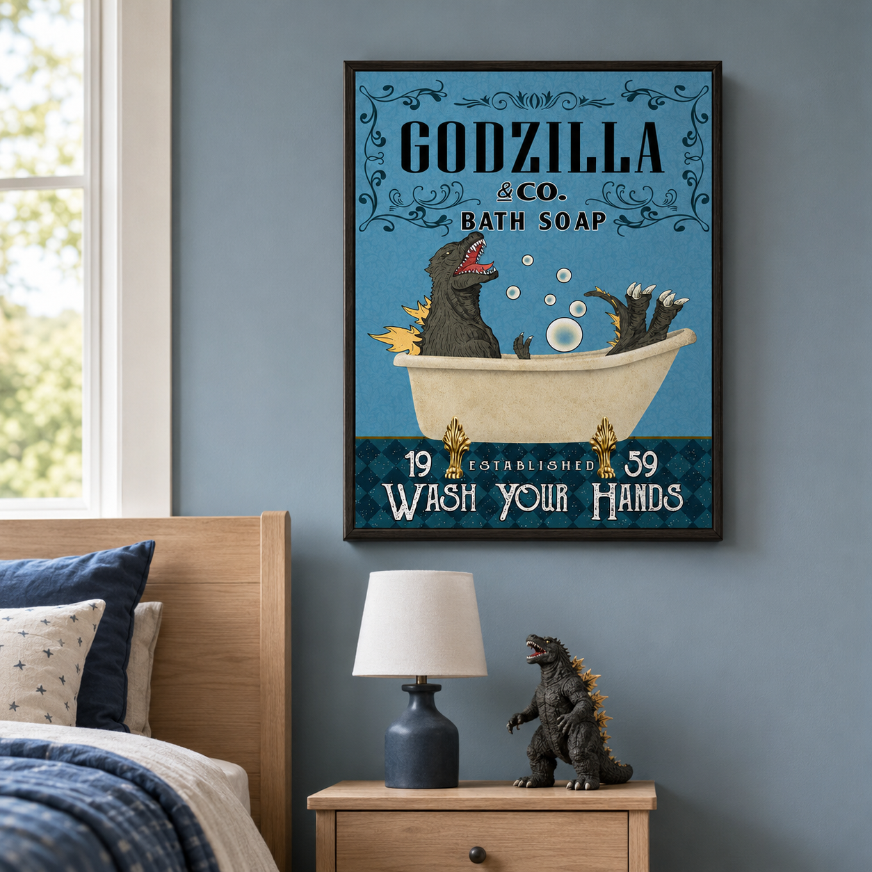 Funny Kaiju Bath Soap Canvas Wall Art Aura Canvas