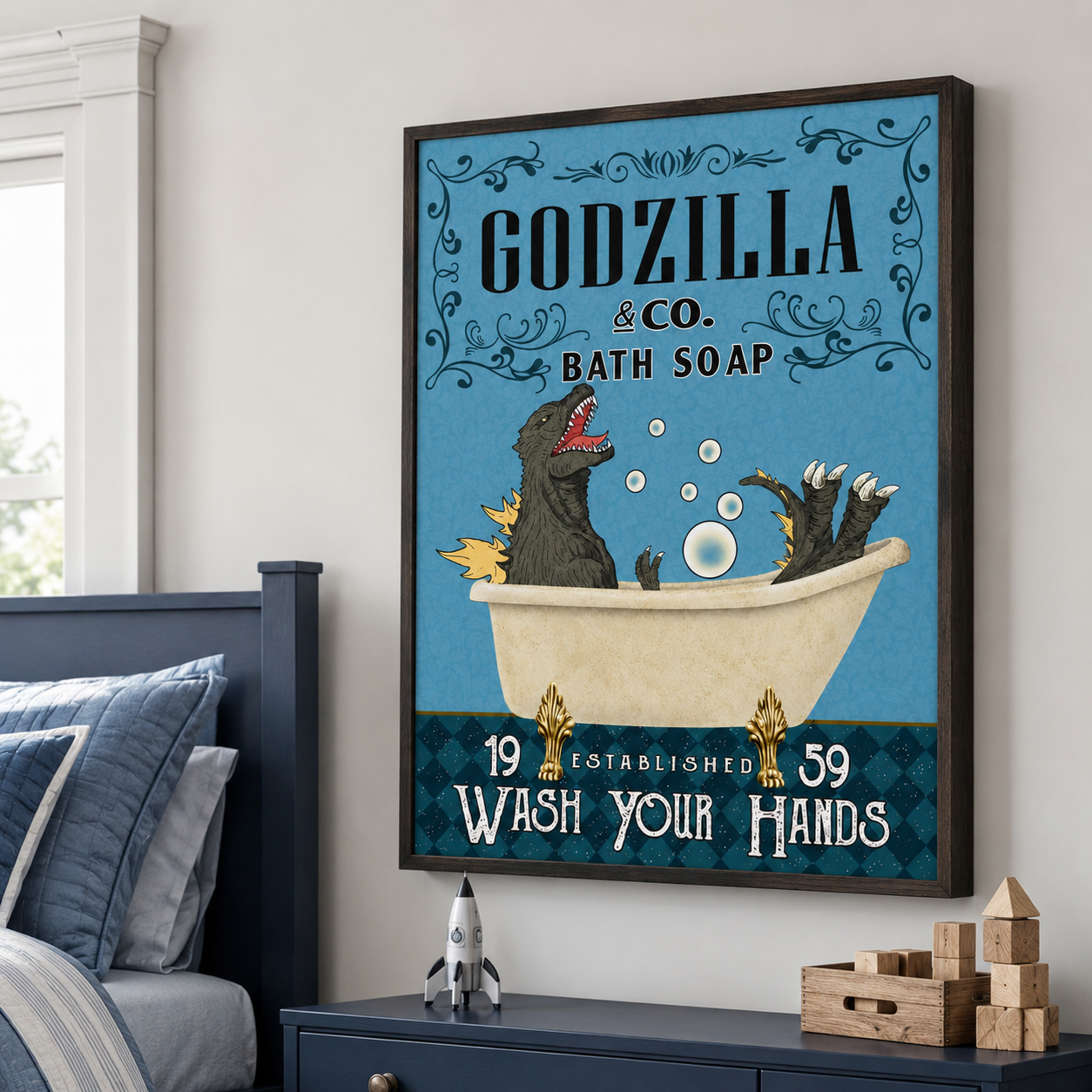 Funny Kaiju Bath Soap Canvas Wall Art Aura Canvas